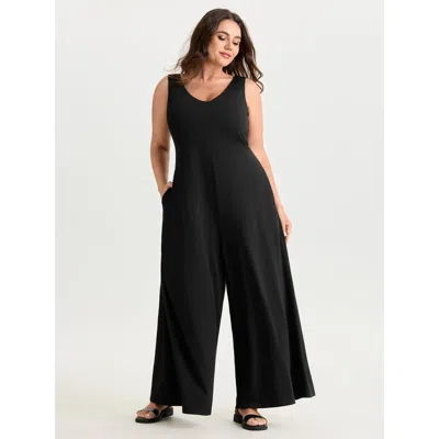 Bloomchic Women's Plus Size Stretchy Deep Back Neckline Jumpsuit Black Casual 18-20/2x