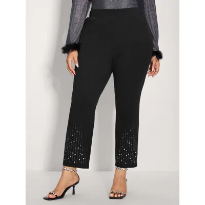 Bloomchic Women's Plus Size Stretchy Diamond Detail Hem Pants Black Solid Barrel Mid Rise Party 12/l