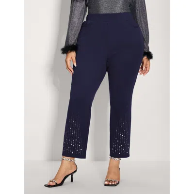 Bloomchic Women's Plus Size Stretchy Diamond Detail Hem Pants Indigo Solid Barrel Mid Rise Party 10/m In Purple