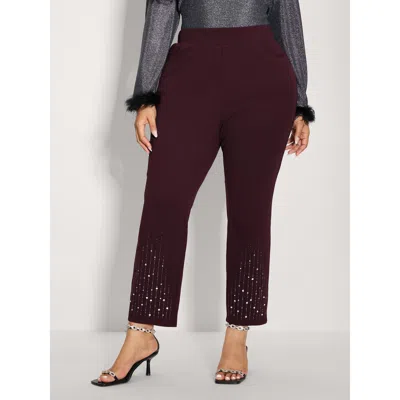 Bloomchic Women's Plus Size Stretchy Diamond Detail Hem Pants Plum Solid Barrel Mid Rise Party 10/m In Purple