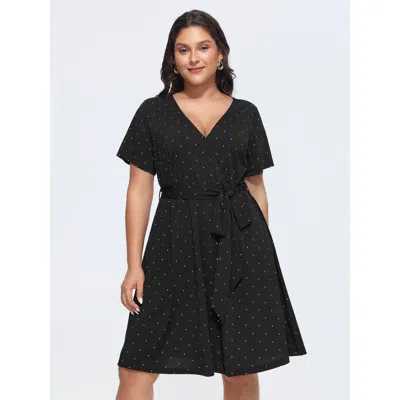 Bloomchic Women's Plus Size Stretchy Dot Print Side-tie Mini Dress Black Polka Dots Midi Elegant 22-24/3x