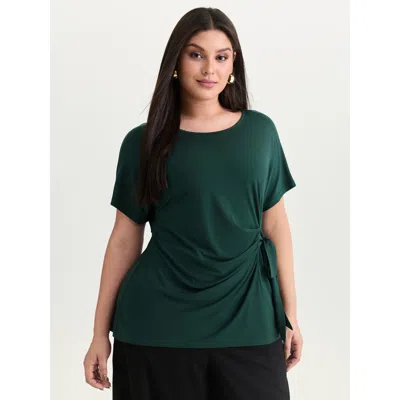 Bloomchic Women's Plus Size Stretchy Draped Side Tie Blouse Darkslategray Solid Office Short Sleeve Round Neck