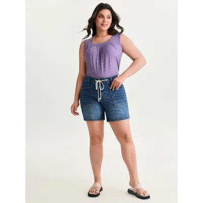 Bloomchic Women's Plus Size Stretchy Drawstring Straight-leg Denim Shorts Midblue Casual 12/l
