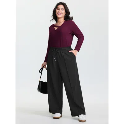 Bloomchic Women's Plus Size Stretchy Drawstring Waist Seamed Pants Black Solid Straight Fit Mid Rise Casual 12