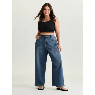 Bloomchic Women's Plus Size Stretchy Elastic Back Waist Wide-leg Jeans Midblue Wide Leg Medium Stretch 10/m