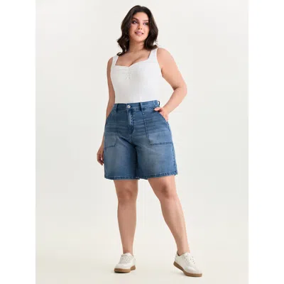 Bloomchic Women's Plus Size Stretchy Elastic Back Waistband Denim Shorts Midblue Casual 10/m