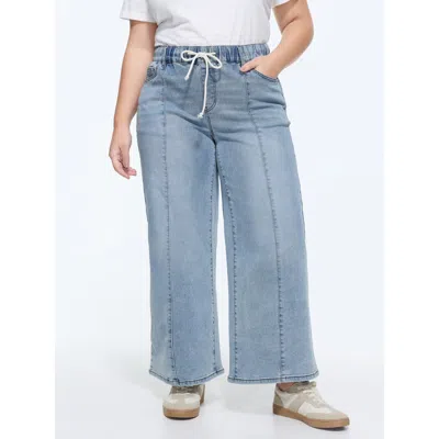 Bloomchic Women's Plus Size Stretchy Elastic Waistband Seamed Jeans Denimlightblue Wide Leg Medium Stretch 10/