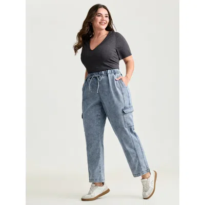 Bloomchic Women's Plus Size Stretchy Elastic Waistband Skinny-fit Jeans Midblue Tapered Ankle Low Stretch 26/4
