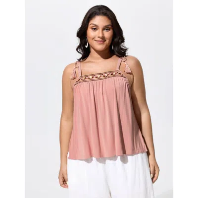 Bloomchic Women's Plus Size Stretchy Embroidered Tassel Shoulder-tie Tank Top Nudepink Vacation A-line U-neck 