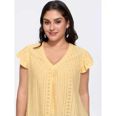 Bloomchic Women's Plus Size Stretchy Eyelet Texture Pleated Top Lightyellow Cap Sleeve Elegant V-neck 10/m