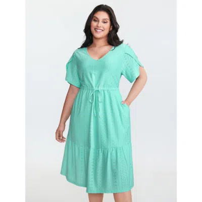Bloomchic Women's Plus Size Stretchy Eyelet Textured Petal Sleeve Midi Dress Mint Non Midi Casual Tie Knot 12/ In Green
