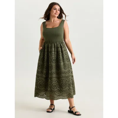 Bloomchic Women's Plus Size Stretchy Floral Embroidered Pocket Midi Dress Armygreen Solid Maxi Casual Lace Tri