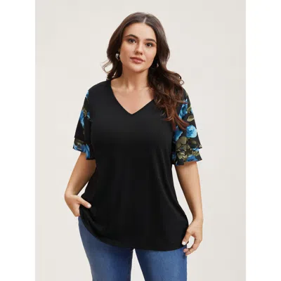Bloomchic Women's Plus Size Stretchy Floral Lotus Sleeve V-neck T-shirt Blackflower Floral Casual Short Sleeve