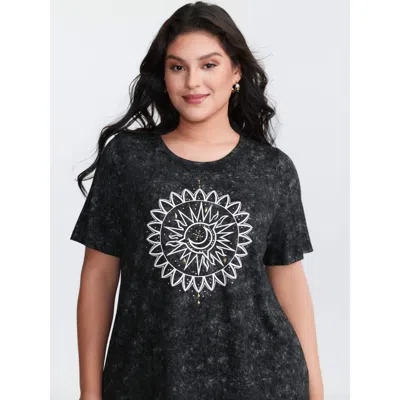 Bloomchic Women's Plus Size Stretchy Floral Motif Round Neck T-shirt Black Non Casual Short Sleeve 10/m
