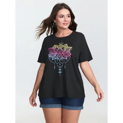 Bloomchic Women's Plus Size Stretchy Floral Pattern Round Neck T-shirt Black Non Casual Short Sleeve 10/m