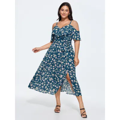 Bloomchic Women's Plus Size Stretchy Floral Print Cold-shoulder Maxi Dress Mediumblue Floral Tunic Elegant Ruf