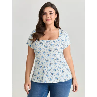 Bloomchic Women's Plus Size Stretchy Floral Print Curvy Hem T-shirt Whitesmoke Ditsy Floral Elegant Short Slee