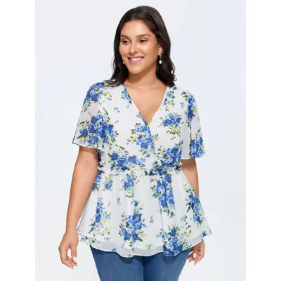 Bloomchic Women's Plus Size Stretchy Floral Print Fit And Flare Blouse Originalwhite Ditsy Floral Elegant Shor