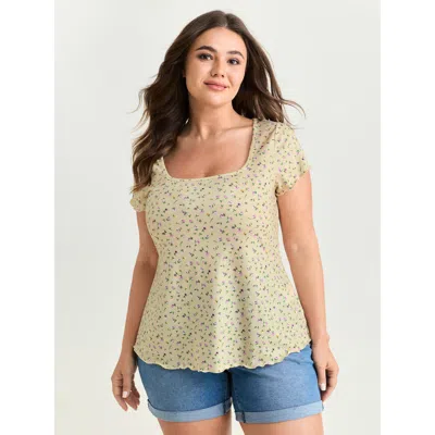 Bloomchic Women's Plus Size Stretchy Floral Print Square Neckline T-shirt Apricot Ditsy Floral Casual Short Sl In Orange