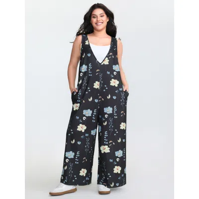 Bloomchic Women's Plus Size Stretchy Floral Print V-neck Jumpsuit Black Casual 10/m