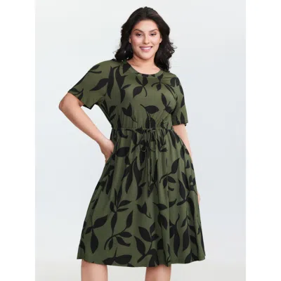 Bloomchic Women's Plus Size Stretchy Floral Print Waist Tie Mini Dress Armygreen Floral Knee Casual Drawstring