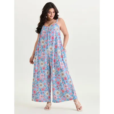 Bloomchic Women's Plus Size Stretchy Floral Print Wide Straps Jumpsuit Lightblue Casual 10/m In Blue