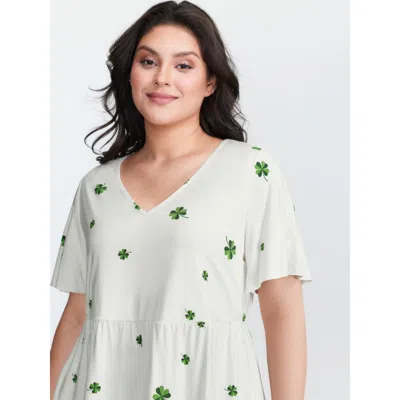 Bloomchic Women's Plus Size Stretchy Four Leaf Clover Print T-shirt Whitesmoke Ditsy Floral Casual Short Sleev
