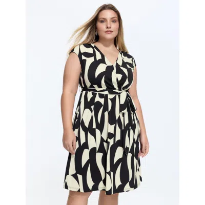 Bloomchic Women's Plus Size Stretchy Geometric Print Waist-tie Mini Dress Black Office Maxi V-neck 10/m