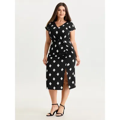 Bloomchic Women's Plus Size Stretchy Geometric Print Wrap Midi Dress Black Office Maxi Wrap / Overlap V-neck 1
