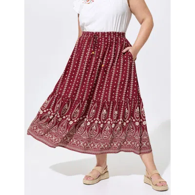 Bloomchic Women's Plus Size Stretchy Geometric Striped Print Midi Skirt Burgundy Tiered Vacation 22-24/3x