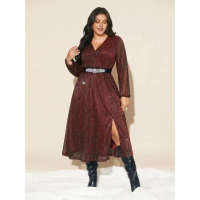 Bloomchic Women's Plus Size Stretchy Gold Foil Surplice Neckline Midi Dress Burgundy Party Midi Texture 14-16/