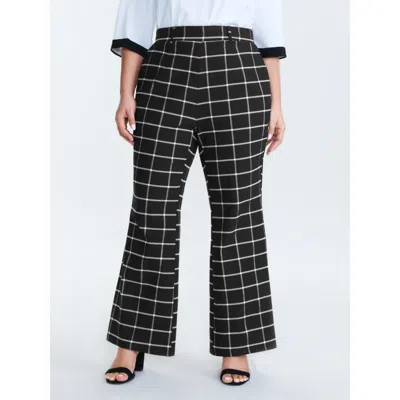 Bloomchic Women's Plus Size Stretchy Grid Pattern Flared Pants Blackflower Plaid Slight Flare Mid Rise Office 