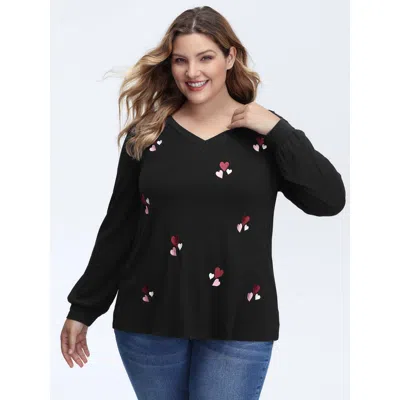 Bloomchic Women's Plus Size Stretchy Heart Embroidered V-neck Knit T-shirt Black Heart Casual Long Sleeve 22-2