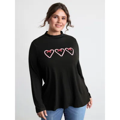 Bloomchic Women's Plus Size Stretchy Hearts Print Mock Neck T-shirt Black Non Casual Long Sleeve 10/m