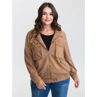 Bloomchic Women's Plus Size Stretchy Hem Zipper-front Jacket Yellowishbrown O-line 12/l