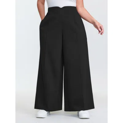 Bloomchic Women's Plus Size Stretchy High Waisted Pockets Straight Leg Pants Black Solid Wide Leg High Rise Ca
