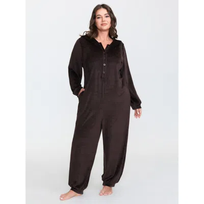 Bloomchic Women's Plus Size Stretchy Hooded Button Placket Pocket Lounge Jumpsuit Browncoffeecolor Not Graphic