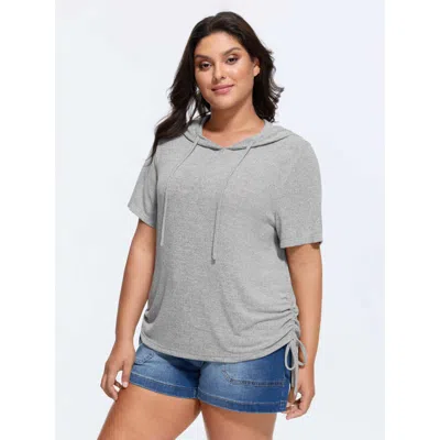 Bloomchic Women's Plus Size Stretchy Hooded Drawstring Adjustable T-shirt Lightgray Solid Casual Short Sleeve  In Gray