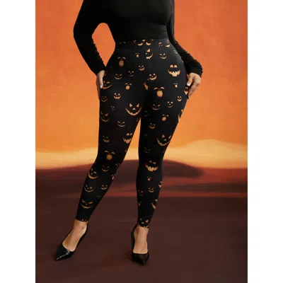Bloomchic Women's Plus Size Stretchy Jack-o-lantern Leggings Black High Stretch Skinny Fit Mid Rise Casual 12/