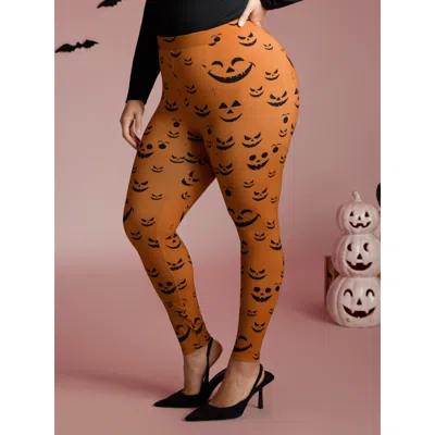 Bloomchic Women's Plus Size Stretchy Jack-o-lantern Leggings Brightorange High Stretch Skinny Fit Mid Rise Cas