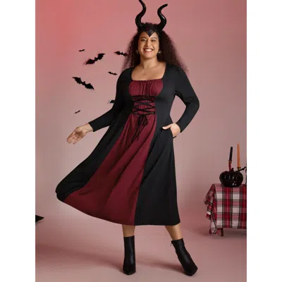Bloomchic Women's Plus Size Stretchy Knit Adjustable Tie Frill Trim Midi Dress Black Elegant Midi Wraparound S