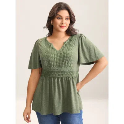 Bloomchic Women's Plus Size Stretchy Knit Lace Trim Babydoll Top Sage Short Sleeve Vacation 10/m In Green