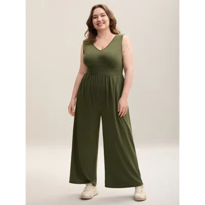 Bloomchic Women's Plus Size Stretchy Knit Pockets Cross Back Jumpsuit Armygreen Office 12/l