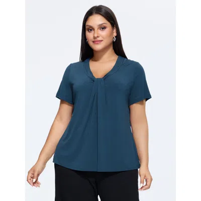 Bloomchic Women's Plus Size Stretchy Knotted Draped Neckline Blouse Indigo Solid Office Short Sleeve V-neck 30 In Purple