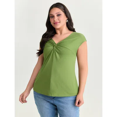 Bloomchic Women's Plus Size Stretchy Knotted Front Plain Knit Top Applegreen Cap Sleeve Elegant V-neck 14-16/1