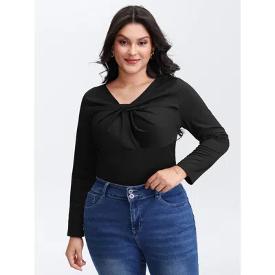 Bloomchic Women's Plus Size Stretchy Knotted Neckline Cozy Knit Top Black Long Sleeve Elegant 10/m
