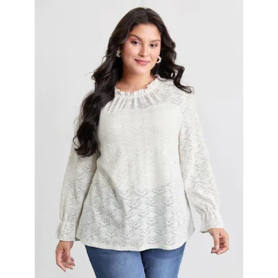 Bloomchic Women's Plus Size Stretchy Lace Cuff Sleeve Blouse Ivory Solid Elegant Long Sleeve Ruffle Trim Neck  In White