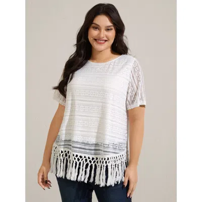 Bloomchic Women's Plus Size Stretchy Lace Tassel Hem Solid Top Whitesmoke Short Sleeve Casual Round Neck 12/l
