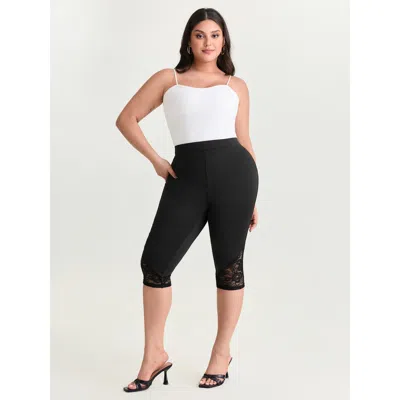 Bloomchic Women's Plus Size Stretchy Lace Trim Cropped Leggings Black Skinny Fit Mid Rise Elegant 10/m