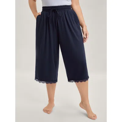 Bloomchic Women's Plus Size Stretchy Lace Trim Drawstring Lounge Pants Indigo Capri 10/m In Purple